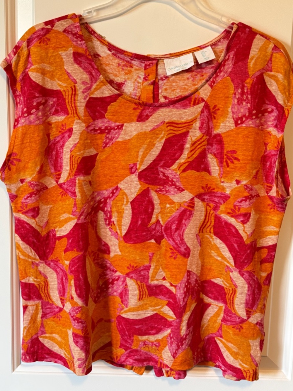 Cynthia Rowley Linen Bold Colourful Split Back Short Sleeve Top - sz Large